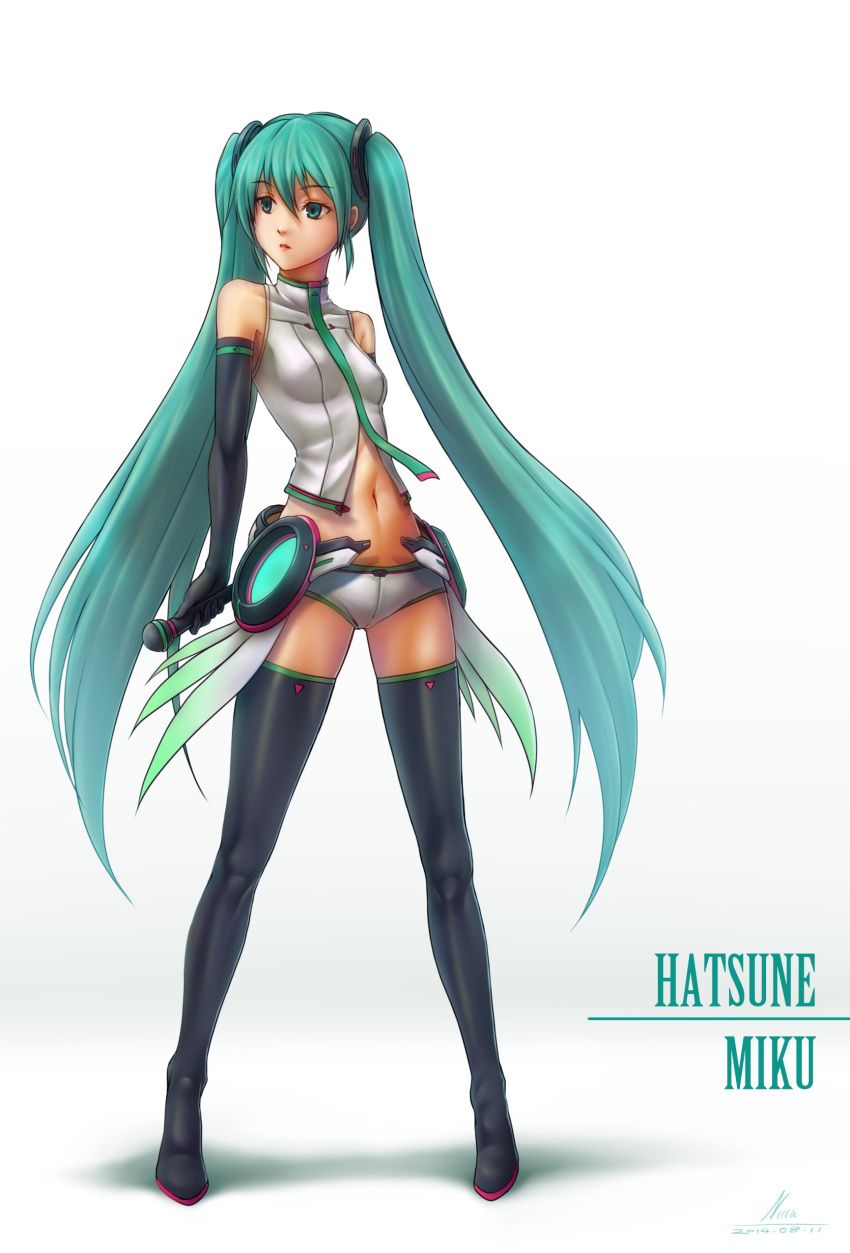 1girl 2014 absurdres alternate_costume artist_name boots character_name dated elbow_gloves gloves green_eyes green_hair hatsune_miku highres long_hair microphone miku_append necktie nicca_(kid_nicca) solo thigh-highs thigh_boots twintails very_long_hair vocaloid vocaloid_append white_background