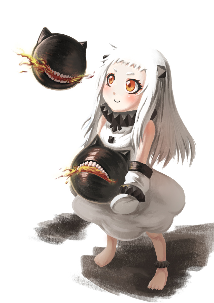 1girl absurdres brown_eyes ghost_(gost8643) gloves highres horns kantai_collection long_hair mittens northern_ocean_hime shinkaisei-kan smile solo tagme white_gloves white_hair