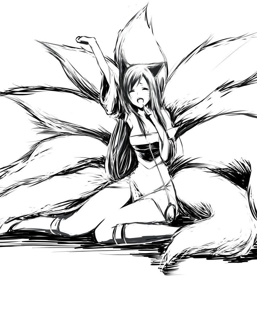 1girl ahri animal_ears arm_up breasts closed_eyes fox_ears fox_tail hal-13 highres league_of_legends long_hair monochrome multiple_tails open_mouth simple_background sitting solo tail white_background
