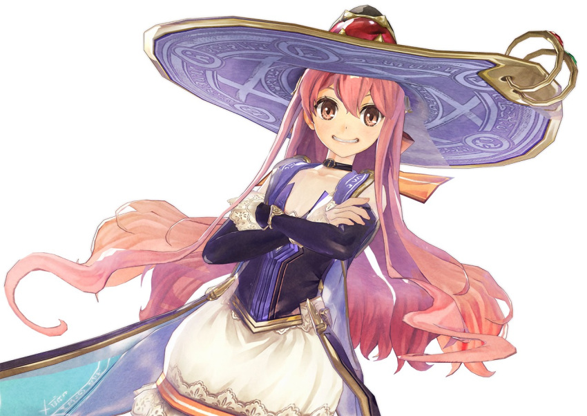 1girl atelier_(series) atelier_shallie cape choker crossed_arms grin hat hidari_(left_side) long_hair pink_eyes pink_hair skirt smile solo white_background wilbell_voll=erslied witch_hat