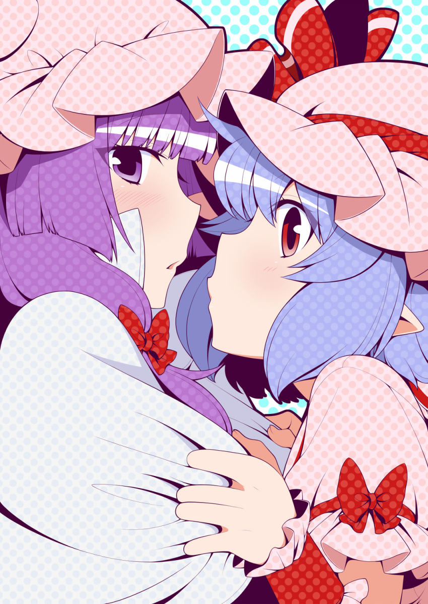 2girls blue_hair blush capelet dress eichi_yuu face-to-face hat hat_ribbon highres looking_at_viewer mob_cap multiple_girls patchouli_knowledge pink_dress purple_hair red_eyes remilia_scarlet ribbon touhou upper_body violet_eyes wrist_cuffs