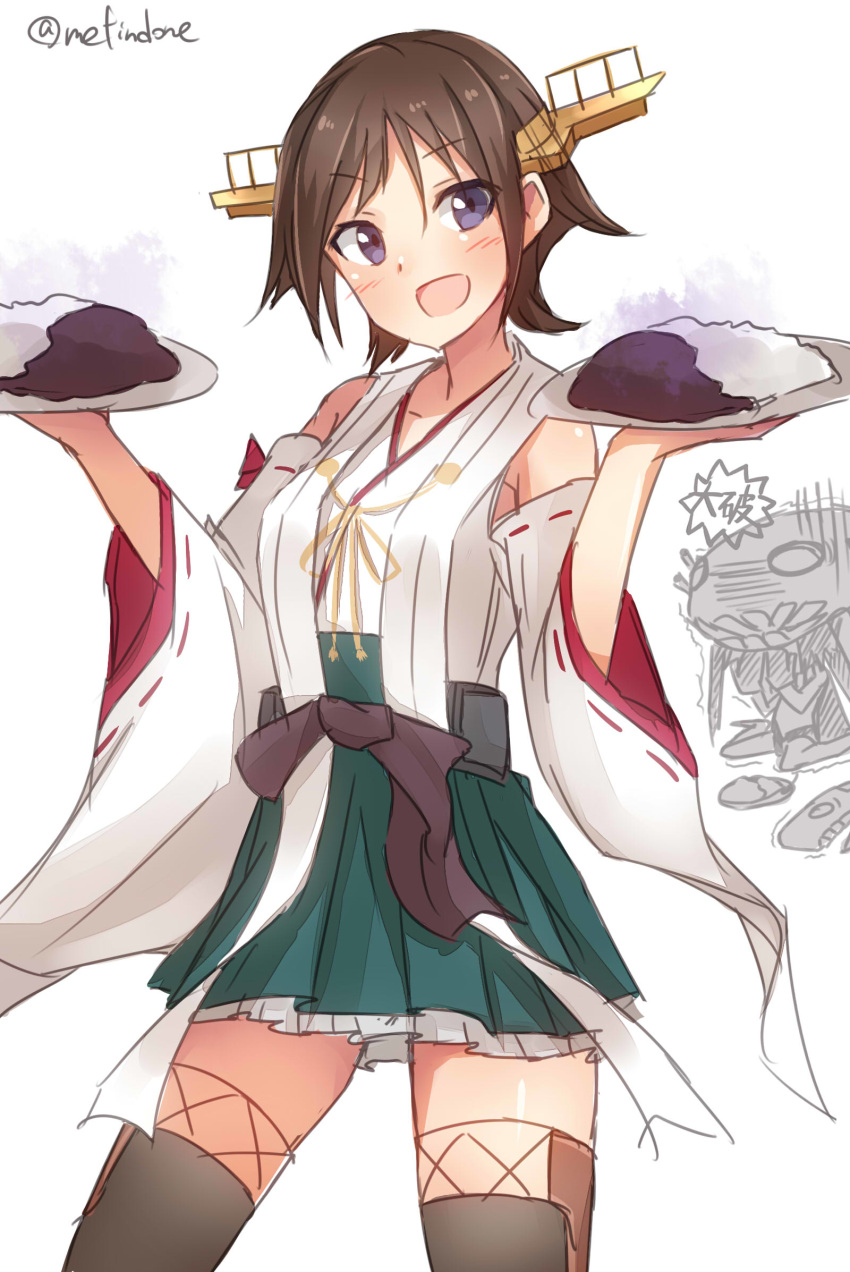 2girls bad_food blue_eyes brown_hair covering_face curry_rice damaged detached_sleeves gloves hairband hiei_(kantai_collection) highres i-class_destroyer japanese_clothes kantai_collection looking_at_viewer metindone monster multiple_girls nontraditional_miko shinkaisei-kan short_hair tentacles thigh-highs translated turret twitter_username wide_sleeves wo-class_aircraft_carrier