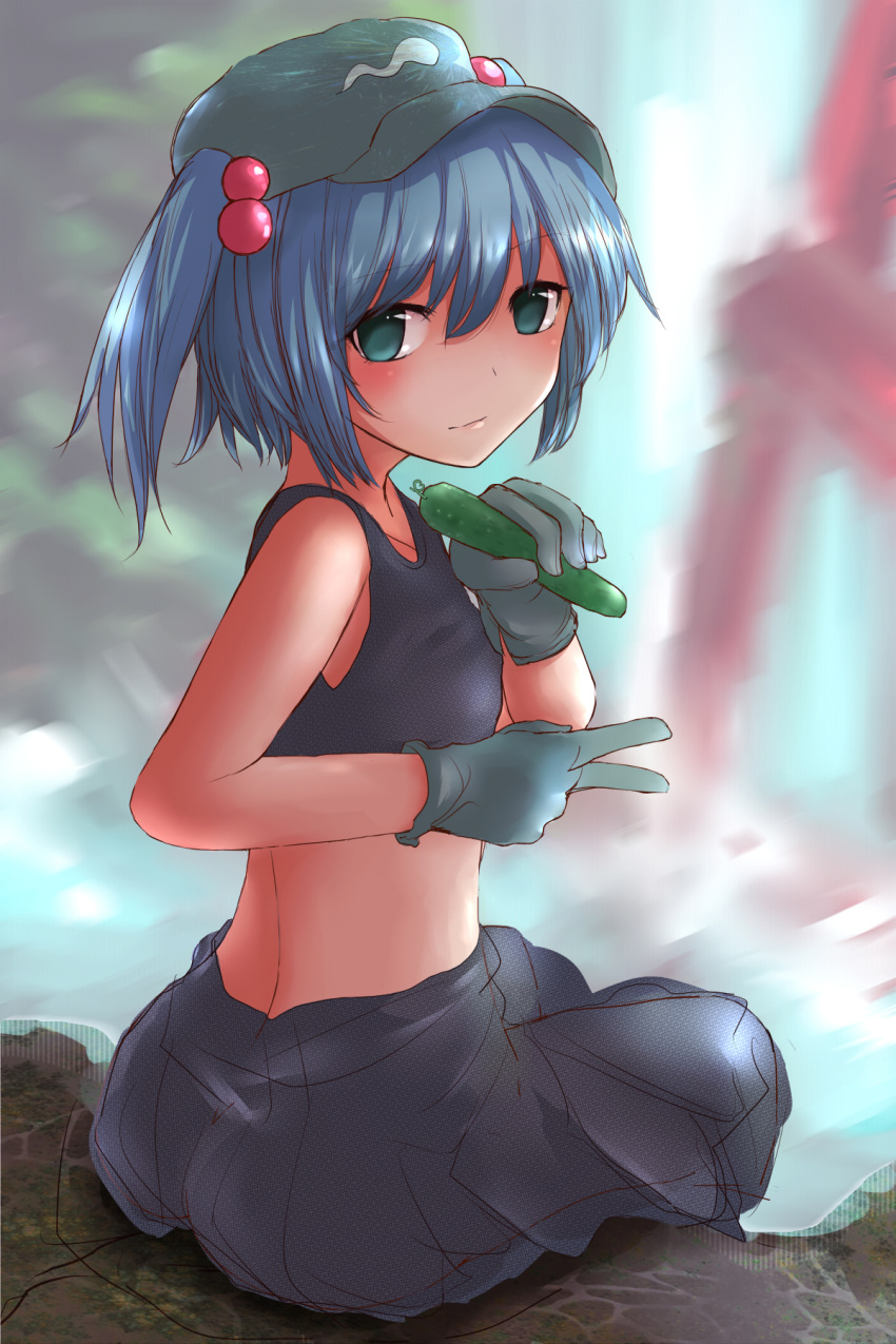 1girl bare_shoulders blue_hair cucumber food forest from_behind gloves green_eyes hat highres kawashiro_nitori looking_at_viewer looking_back midriff mkcrf nature pants rock short_hair sitting sitting_on_object sitting_on_rock solo tank_top touhou twintails water waterfall