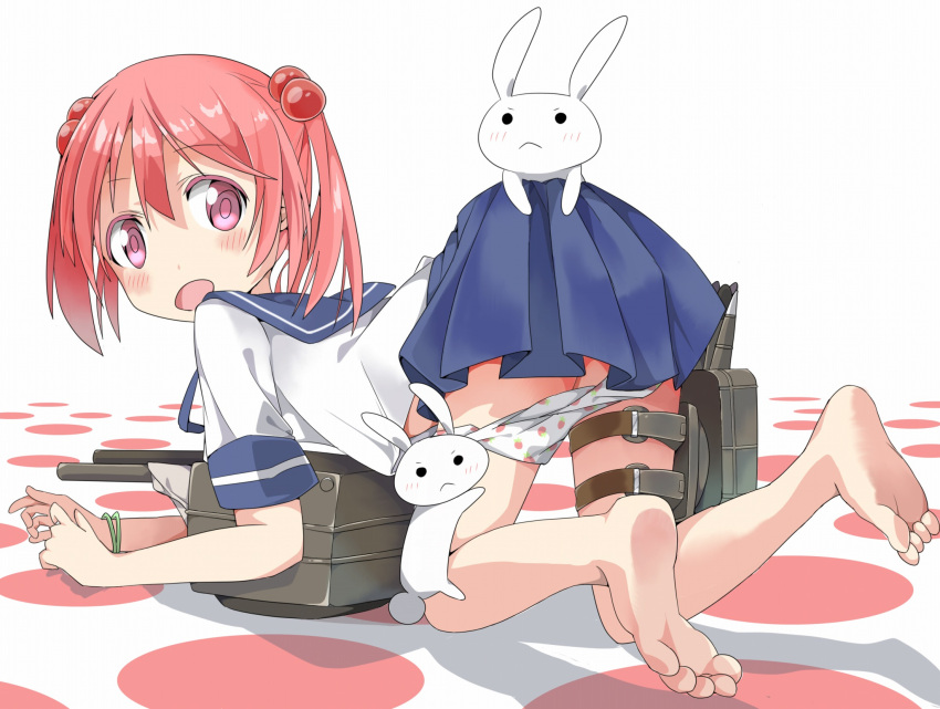 1girl all_fours barefoot blue_skirt blush from_behind hair_bobbles hair_ornament highres kantai_collection looking_back machinery panties panty_pull pink_eyes pink_hair pleated_skirt polka_dot polka_dot_panties rabbit sailor_collar sazanami_(kantai_collection) school_uniform serafuku short_hair skirt soles solo tantan_men_(dragon) thigh_strap toes turret twintails underwear