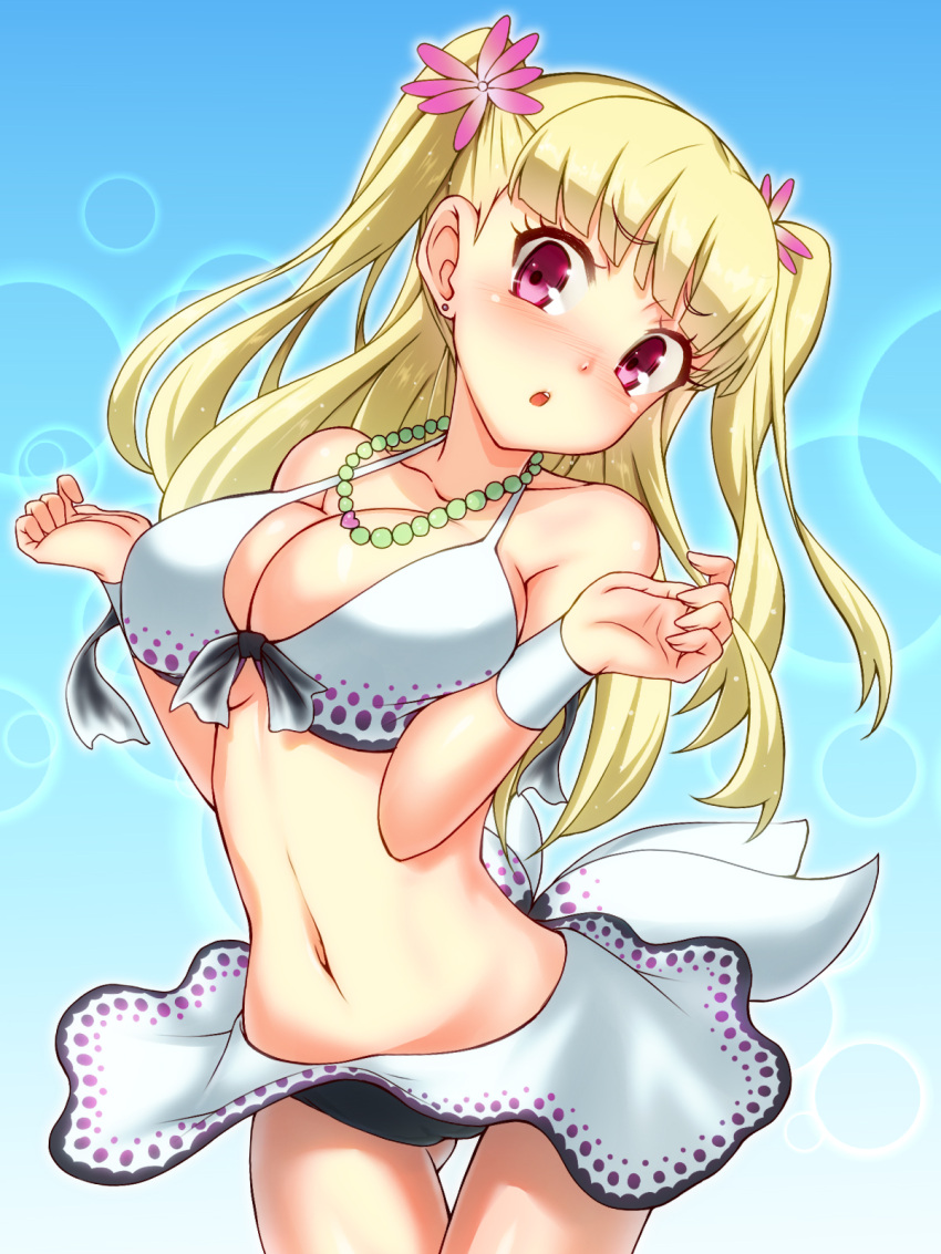 1girl :o bangs bare_shoulders bikini bikini_skirt blonde_hair blunt_bangs blush breasts chestnut_mouth cleavage emanon123 front-tie_top hair_ornament highres jewelry large_breasts long_hair navel necklace pink_eyes solo stomach strap_gap swimsuit thigh_gap tokyo_7th_sisters two_side_up uesugi_webers_kyouko white_bikini white_swimsuit wristband