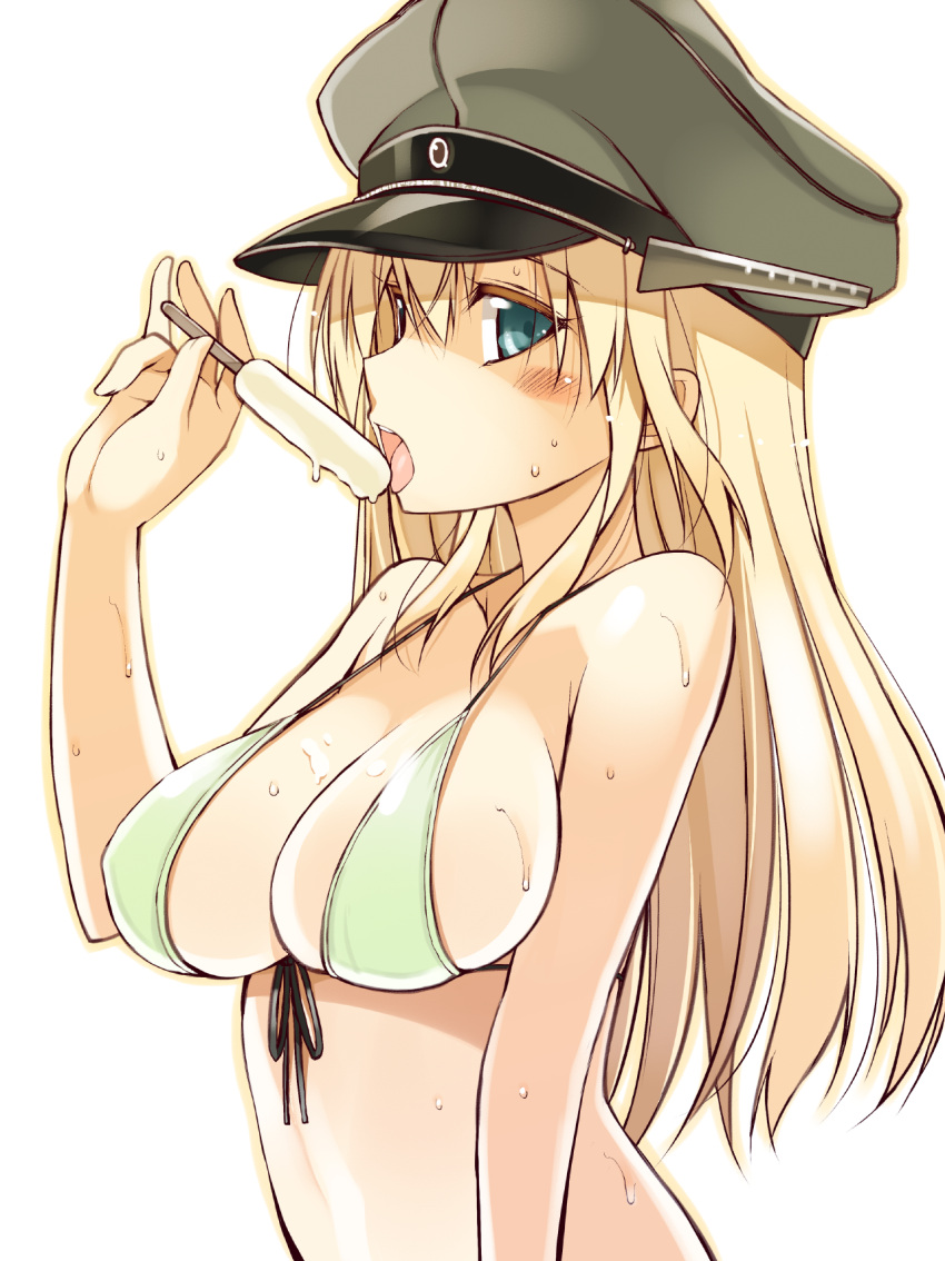 1girl alternate_costume bikini bismarck_(kantai_collection) blonde_hair blush breasts bust cleavage front-tie_top hat highres kantai_collection large_breasts long_hair looking_at_viewer military_hat oota_yuuichi open_mouth peaked_cap popsicle simple_background solo sweat swimsuit tongue tongue_out white_background