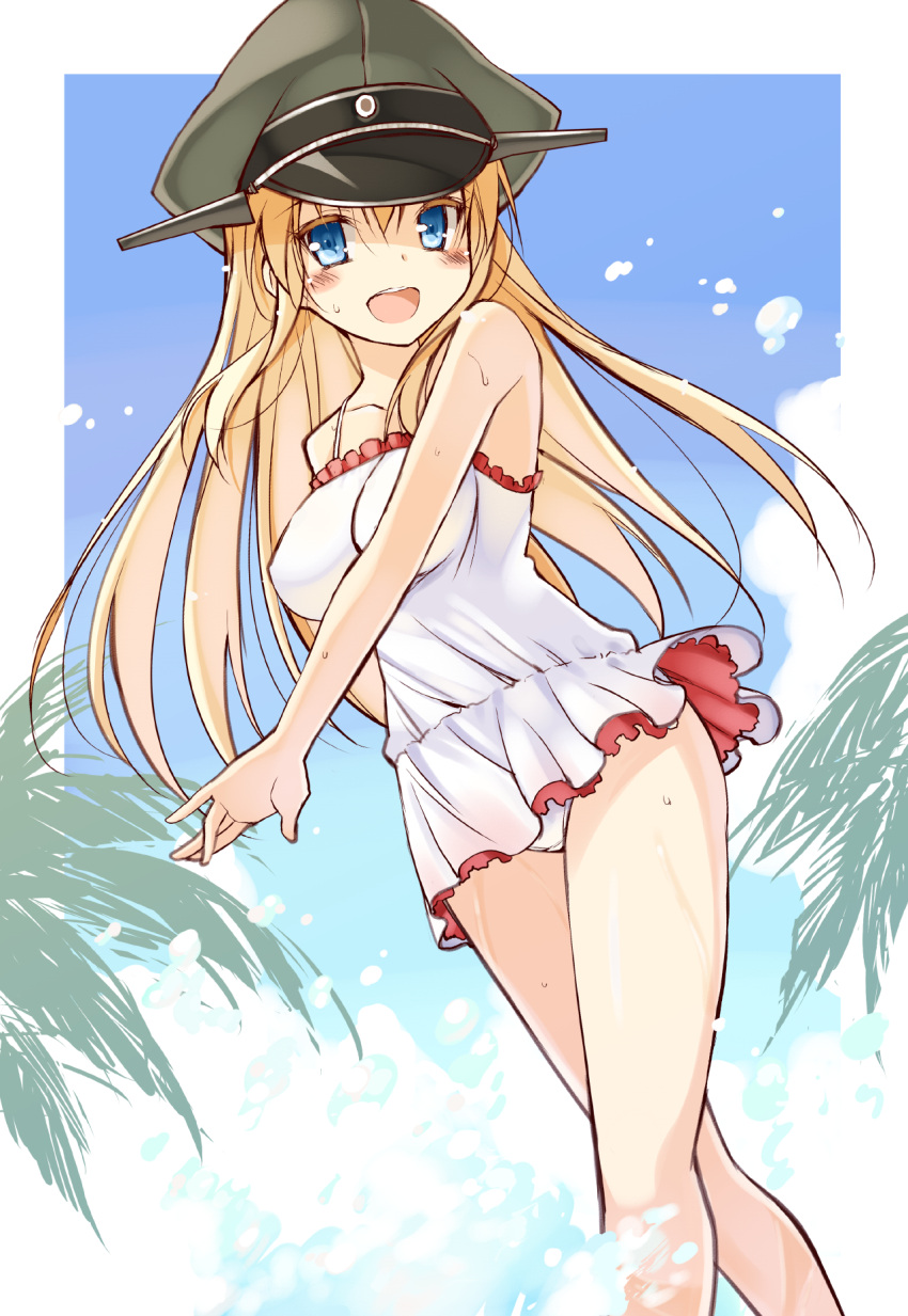 1girl alternate_costume bare_shoulders bismarck_(kantai_collection) blonde_hair blue_eyes blush breasts colored_eyelashes hat highres kantai_collection long_hair looking_at_viewer military_hat oota_yuuichi open_mouth peaked_cap smile solo swimsuit