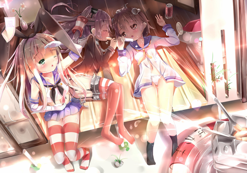 3girls :3 :o amatsukaze_(kantai_collection) black_panties blonde_hair blush brown_eyes brown_hair can chestnut_mouth closed_eyes crop_top dress elbow_gloves garter_straps gloves green_eyes hair_ribbon hair_tubes highleg highleg_panties innertube kantai_collection long_hair lying microskirt multiple_girls na!?_(yonjyuugo) navel neckerchief on_back on_side one_eye_closed panties popsicle rensouhou-chan ribbon sexually_suggestive shimakaze_(kantai_collection) short_hair silver_hair sitting_on_bed skirt striped striped_legwear thigh-highs twintails underwear white_dress white_gloves white_panties yonjyuugo yukikaze_(kantai_collection) ||_||