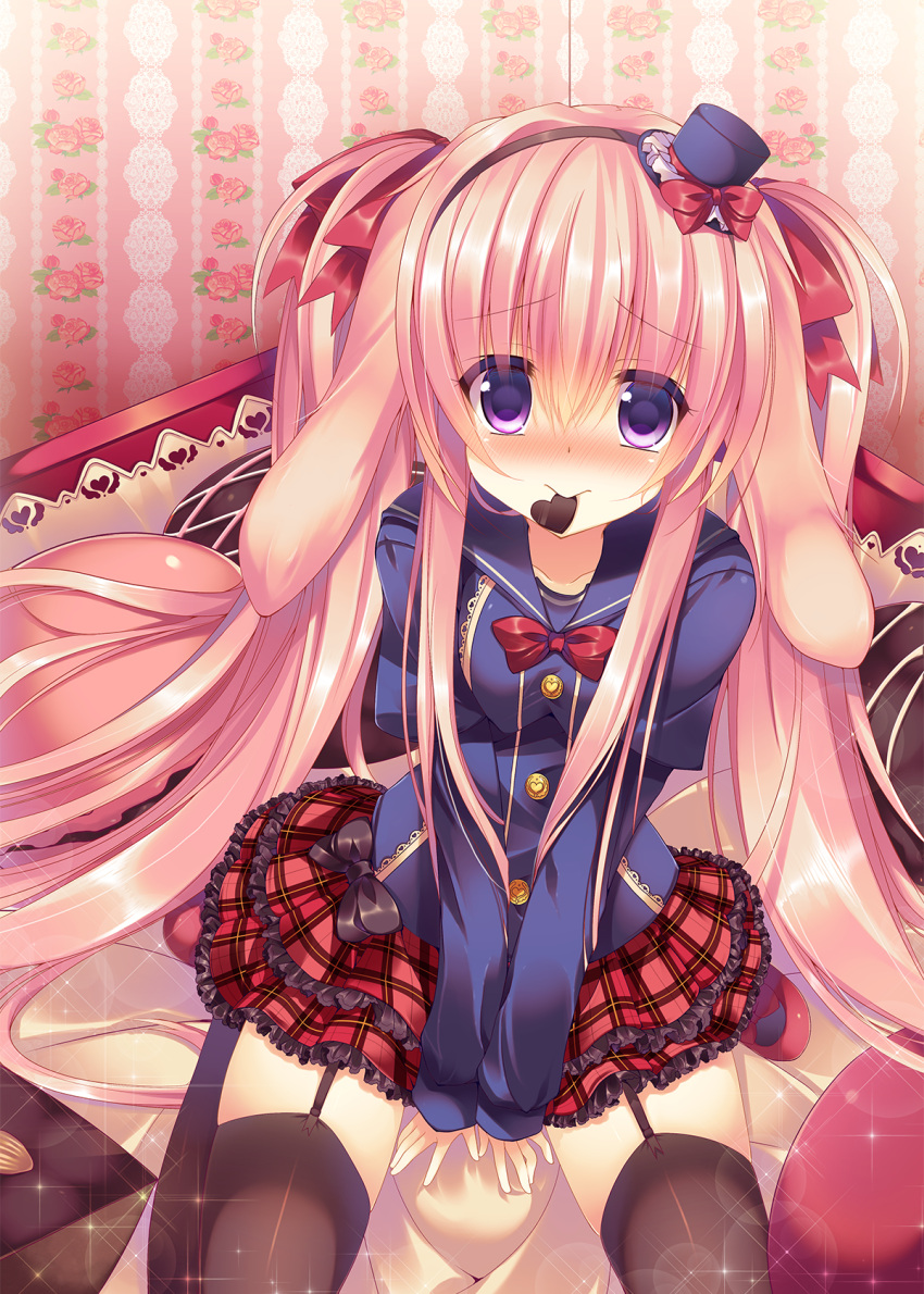 1girl animal_ears black_legwear blonde_hair blush bow chocolate chocolate_heart collarbone garter_straps hair_ribbon hat heart highres long_hair looking_at_viewer mini_top_hat mouth_hold nose_blush original plaid plaid_skirt ribbon sailor_collar shirt sitting skirt sleeves_past_wrists solo sparkle suzune_rena thigh-highs top_hat twintails v_arms very_long_hair violet_eyes