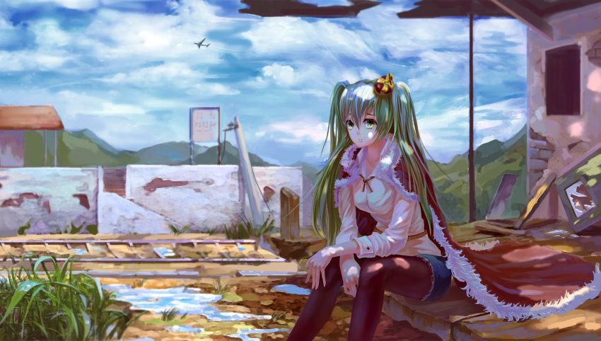 1girl airplane aqua_eyes aqua_hair black_legwear broken_glass building crown dirt_road glass grass hair_ornament hatsune_miku highres legwear_under_shorts long_sleeves looking_at_viewer neko-mura_ikkro pantyhose puddle railroad_tracks shade shirt shorts sitting solo vocaloid white_shirt