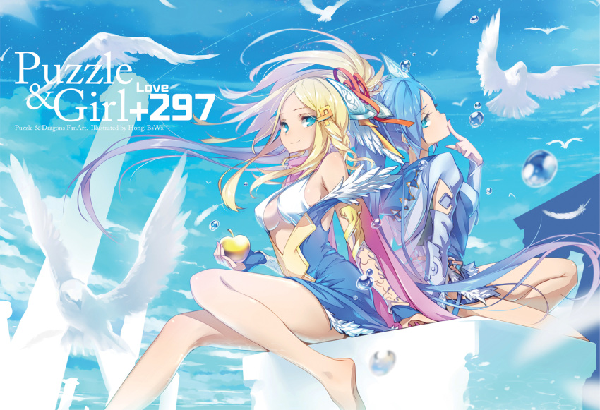 2girls artist_name bird blonde_hair blue_eyes blue_hair blurry breasts cleavage depth_of_field finger_to_mouth golden_apple hair_ornament hong_(white_spider) idunn_&amp;_idunna long_hair looking_at_viewer looking_back multiple_girls pigeon puzzle_&amp;_dragons sitting sky smile water_drop wind
