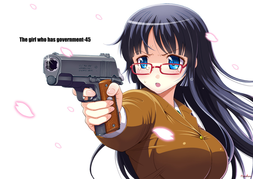 1girl :o aiming bangs blue_eyes blue_hair blunt_bangs cherry_blossoms cocked_hammer crying crying_with_eyes_open engrish glasses gun handgun highres long_hair m1911 number10_(hagakure) original ranguage red-framed_glasses solo taut_clothes taut_shirt tears weapon white_background