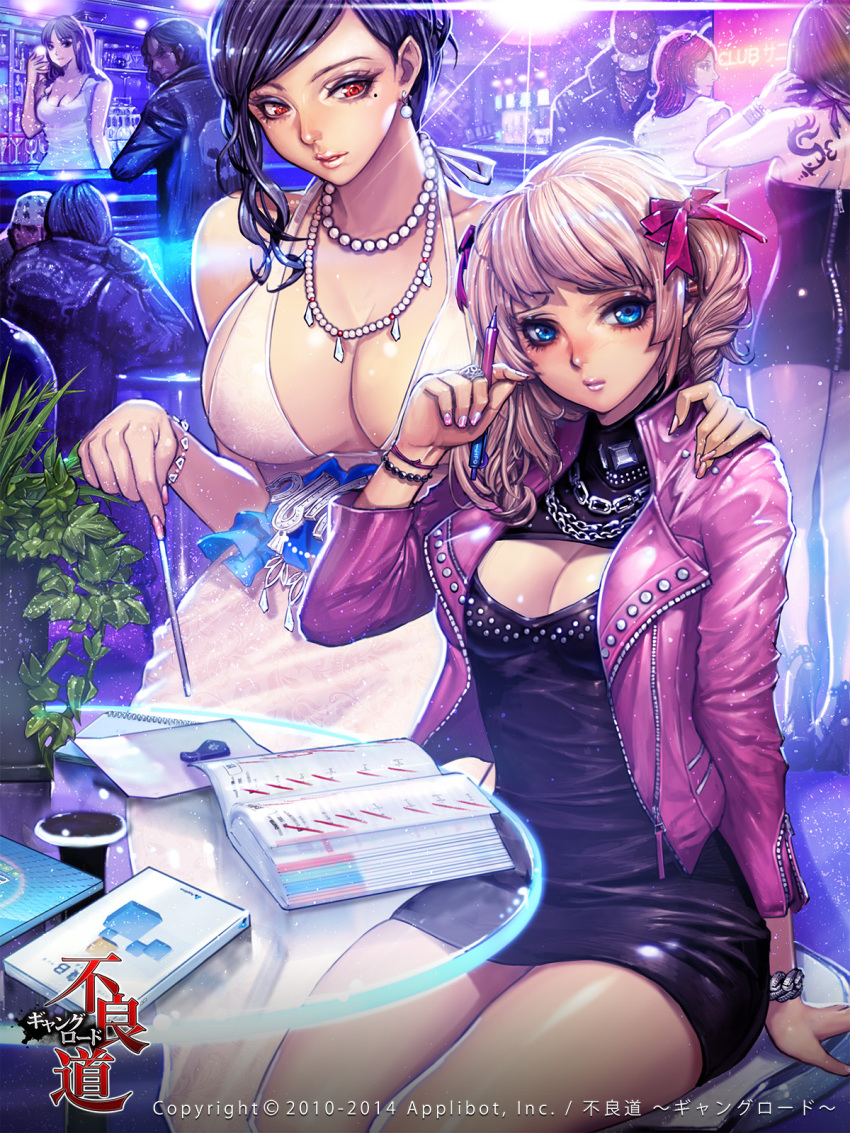bartender black_hair blonde_hair blue_eyes book bow breasts brown_hair chain cleavage dress earrings furyou_michi_~gang_road~ hair_bow highres jewelry large_breasts long_hair mechanical_pencil miniskirt mole necklace pencil red_eyes redhead sitting skirt table tattoo thighs xaxak