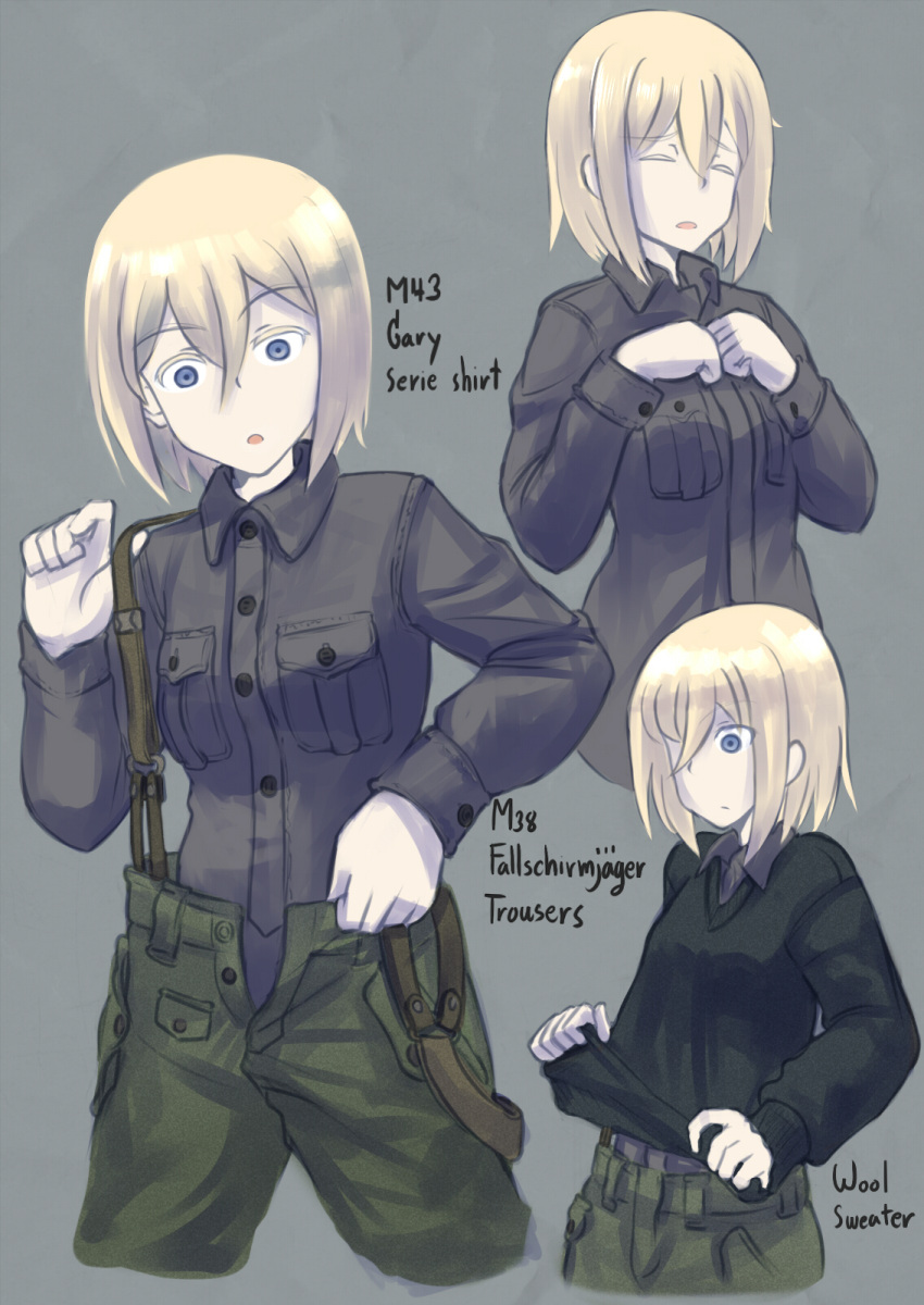 1girl blonde_hair blue_eyes dressing english erica_(naze1940) highres military military_uniform original short_hair solo sweater uniform