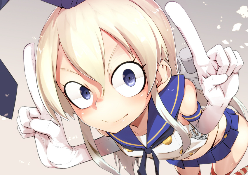 1girl absurdres anchor_hair_ornament black_panties blonde_hair blue_eyes close-up elbow_gloves gloves highres kantai_collection koutamii long_hair looking_at_viewer machinery microskirt midriff navel panties shimakaze_(kantai_collection) skirt smile solo striped striped_legwear thigh-highs underwear