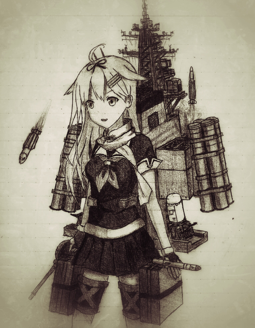 1girl fingerless_gloves fusou_(fuso0205) gloves graphite_(medium) hair_ornament hair_ribbon hairclip highres japan_maritime_self-defense_force kantai_collection long_hair machinery missile monochrome namesake original phalanx_ciws pleated_skirt ribbon sailor_collar scarf school_uniform serafuku skirt solo torpedo traditional_media yuudachi_(jmsdf) yuudachi_(kantai_collection)