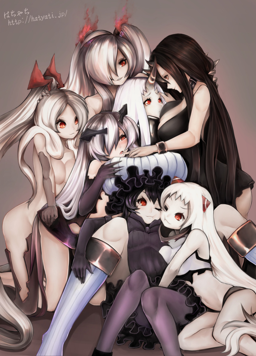 6+girls airfield_hime anchorage_hime armored_aircraft_carrier_hime battleship-symbiotic_hime black_gloves black_hair black_legwear boots breast_grab breasts cheek-to-cheek cheek_squash claws cleavage detached_sleeves dress girl_sandwich gloves gothic_lolita hachachi hair_over_one_eye highres horn horns isolated_island_oni kantai_collection large_breasts lolita_fashion long_hair multiple_girls oni_horns open_mouth pale_skin pantyhose red_eyes ribbed_dress saliva sandwiched seaport_hime shinkaisei-kan silver_hair smile southern_ocean_war_hime twintails white_hair yuri