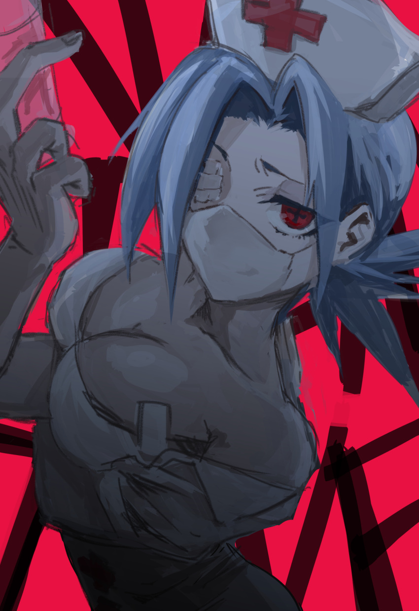 +_+ 1girl bare_shoulders blue_hair breasts bust cleavage collarbone dress eyepatch foreshortening from_above hat highres large_breasts looking_at_viewer mask mephist-pheles nurse nurse_cap panties ponytail red_cross red_eyes short_dress short_hair skullgirls solo standing surgical_mask syringe underwear valentine_(skullgirls)