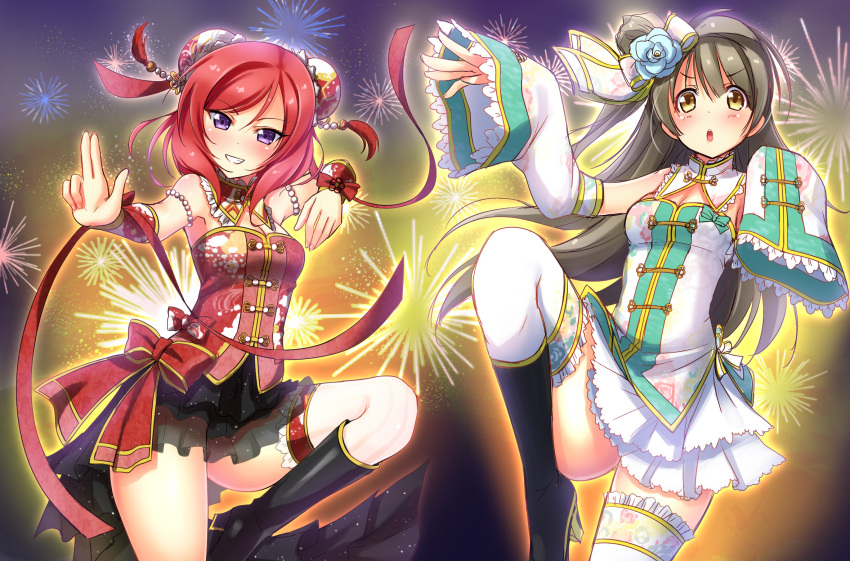 2girls black_skirt boots breasts brown_hair chinese_clothes cleavage detached_sleeves double_bun fighting_stance fireworks highres long_hair looking_at_viewer love_live!_school_idol_project minami_kotori multiple_girls nishikino_maki redhead ribbon short_hair side_ponytail skirt smile thigh-highs violet_eyes yu-ta