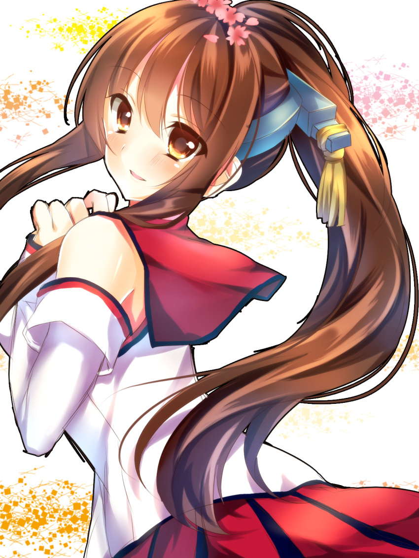 1girl :d bare_shoulders brown_eyes brown_hair detached_sleeves flower from_behind hair_flower hair_ornament hands_on_own_chest headgear highres kantai_collection long_ponytail looking_at_viewer looking_back open_mouth pleated_skirt red_skirt saijou_yukina sailor_collar skirt smile solo yamato_(kantai_collection)