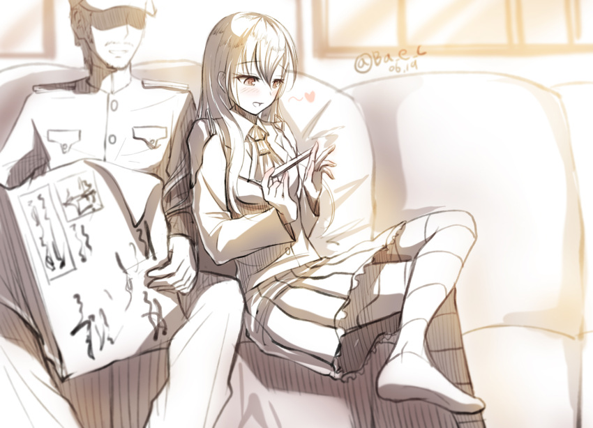 1boy 1girl admiral_(kantai_collection) blush boyogo brown_eyes couch crossed_legs dated heart highres holding kantai_collection looking_at_hand monochrome nail_file newspaper petticoat school_uniform sitting skirt smile suzuya_(kantai_collection) thigh-highs twitter_username watermark