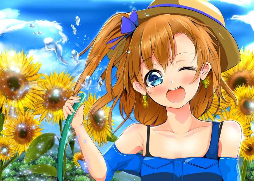 1girl ;d blue_eyes blush brown_hair clouds collarbone earrings flower highres hose jewelry kousaka_honoka love_live!_school_idol_project one_eye_closed open_mouth portrait short_hair side_ponytail sky smile solo sparkle sunflower velia water
