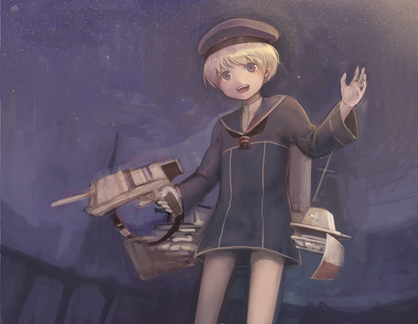 1girl akiho_hayuu beret blonde_hair blue_eyes bottomless hat highres holding kantai_collection long_sleeves machinery military military_uniform night night_sky open_mouth outdoors sailor_collar short_hair sky smile solo star_(sky) starry_sky turret uniform z1_leberecht_maass_(kantai_collection)