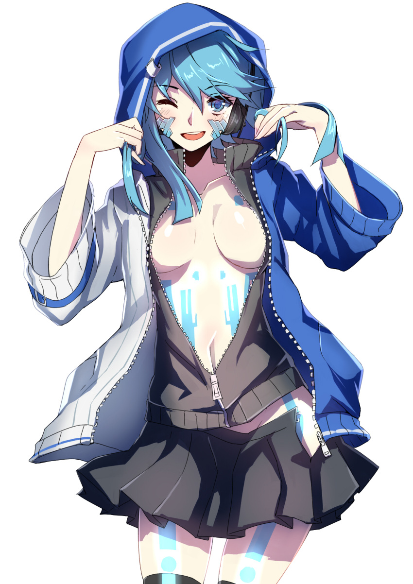 1girl aki663 blue_eyes blue_hair blush bodypaint breasts cleavage ene_(kagerou_project) facial_mark headphones highres hoodie jacket kagerou_project long_hair navel no_bra one_eye_closed open_clothes open_jacket open_mouth skirt smile