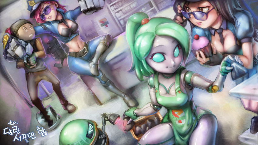 apron between_breasts blitzcrank blue_eyes breasts caitlyn_(league_of_legends) cleavage convenience_store cupcake gauntlets hat highres league_of_legends long_hair multiple_girls orianna_reveck phantom_ix_row pink_hair police police_uniform robot shop short_hair sunglasses translation_request uniform vi_(league_of_legends)