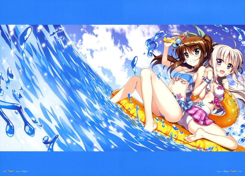 2girls :d absurdres ahoge aqua_eyes ass back-to-back bare_shoulders barefoot bikini bikini_skirt black_ribbon black_scrunchie blue_bikini_top blue_flower blue_skirt blue_sky blue_wristband blush breasts brown_hair clouds cloudy_sky collarbone day english eyebrows_visible_through_hair flat_chest flower framed_image frilled_bikini frills fujima_takuya fuuka_reventon green_ribbon grin hair_between_eyes hair_ornament hair_ribbon hair_scrunchie hand_holding highres holding holding_innertube holding_water_gun inflatable_raft innertube interlocked_fingers large_breasts looking_at_viewer lyrical_nanoha mismatched_bikini multiple_girls official_art open_mouth orange_innertube outdoors page_number pink_flower pink_frills pink_scrunchie pink_skirt plaid plaid_skirt platinum_blonde pleated_skirt ponytail ribbon rinne_berlinetta scan scrunchie single_stripe sitting skindentation skirt sky smile striped_wristband swimsuit teeth tongue violet_eyes vivid_strike! wariza water water_gun white_bikini white_bikini_bottom white_stripes wrist_scrunchie