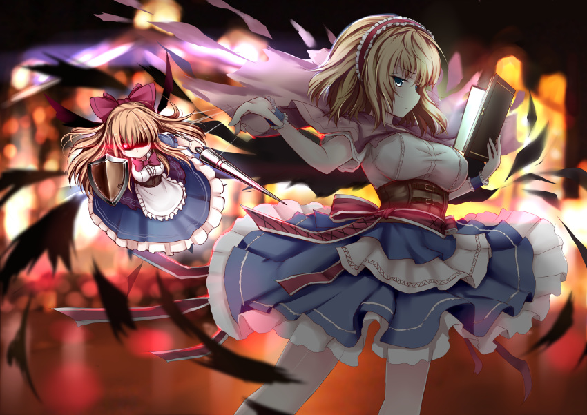 1girl alice_margatroid blonde_hair blue_eyes book brown_hair cape doll_joints glowing glowing_eyes hair_ribbon hairband highres lance polearm red_eyes ribbon shanghai_doll shield touhou weapon wristband zheyi_parker