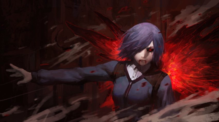 1girl asymmetrical_wings black_sclera blood cloudbox9 hair_over_one_eye kirishima_touka long_sleeves outstretched_arm purple_hair red_eyes solo tokyo_ghoul traditional_media wings