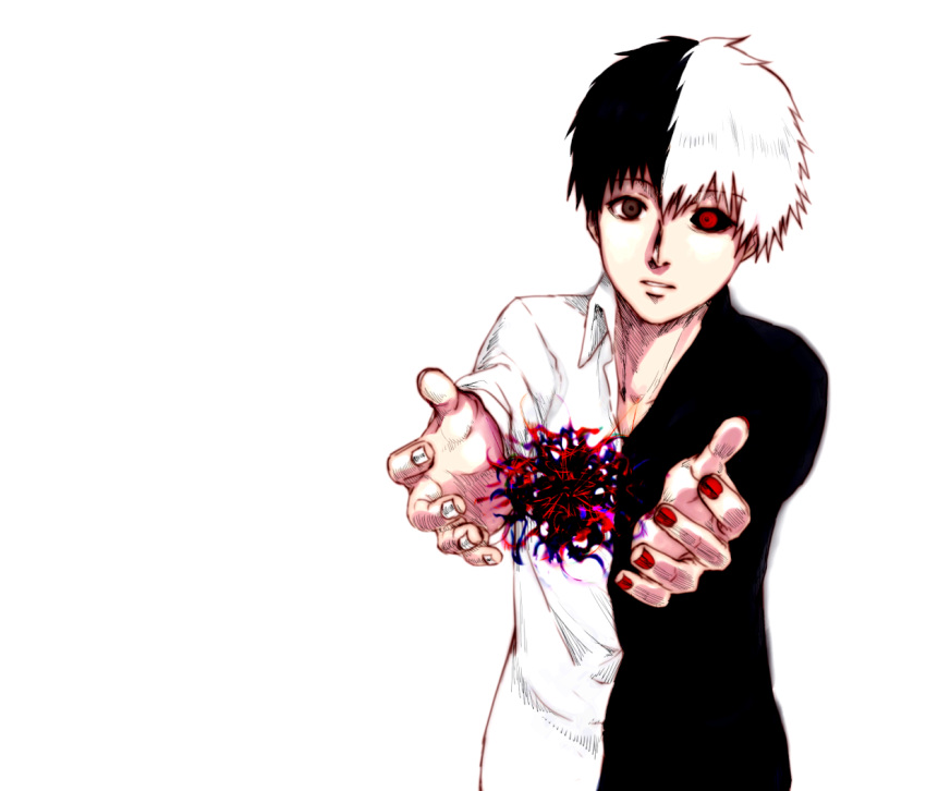 1boy asymmetrical_clothes black_hair black_sclera blouse brown_eyes heterochromia kaneki_ken multicolored_hair outstretched_arms red_eyes red_nails short_hair solo tokyo_ghoul transformation white_background white_hair xino