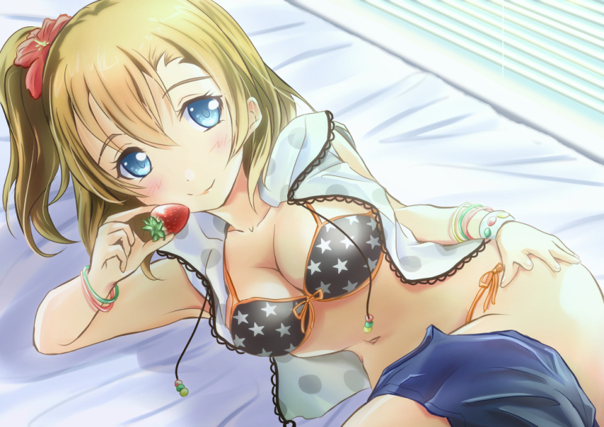 1girl bed_sheet bikini blue_eyes bow bracelet breasts brown_hair cleavage food front-tie_top fruit hair_bow hand_on_hip holding holding_fruit jewelry kousaka_honoka looking_at_viewer love_live!_school_idol_project lying midriff navel nijiho_nijihasi on_side open_clothes open_shirt panties short_hair short_pants side-tie_panties side_ponytail sleeveless sleeveless_shirt smile solo strawberry swimsuit under_boob underwear