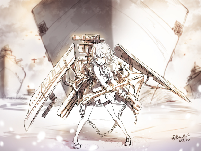 1girl anchor armor boyogo cannon dated hair_ornament hairclip highres ikazuchi_(kantai_collection) kantai_collection looking_at_viewer military monochrome pigeon-toed school_uniform ship short_hair skirt smile solo torpedo twitter_username watermark weapon