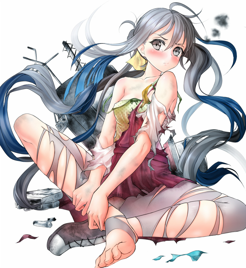 1girl ahoge blue_hair bowtie crying crying_with_eyes_open gradient_hair hair_ribbon highres hinoura111 kantai_collection kiyoshimo_(kantai_collection) long_hair looking_at_viewer multicolored_hair pantyhose pleated_skirt ribbon skirt solo tears torn_clothes torn_pantyhose twintails very_long_hair white_background