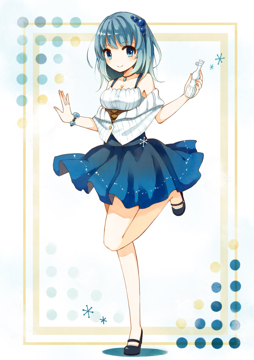 1girl blue_eyes blue_hair bottle breasts cleavage full_body highres holding jewelry long_hair looking_at_viewer necklace no_socks original smile solo standing_on_one_leg yon_(letter)