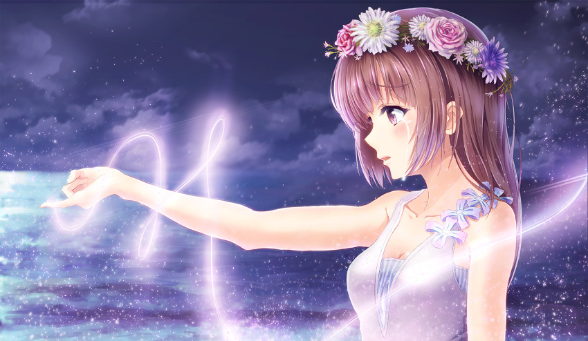 1girl alc_(ex2_lv) bangs bare_shoulders blush breasts brown_eyes brown_hair cleavage clouds collarbone crying crying_with_eyes_open daisy flower flower_on_head flower_wreath highres horizon light_particles long_hair magic night night_sky original outstretched_arm parted_lips pink_rose pinky_out profile rose sky sleeveless solo streaming_tears tagme tears