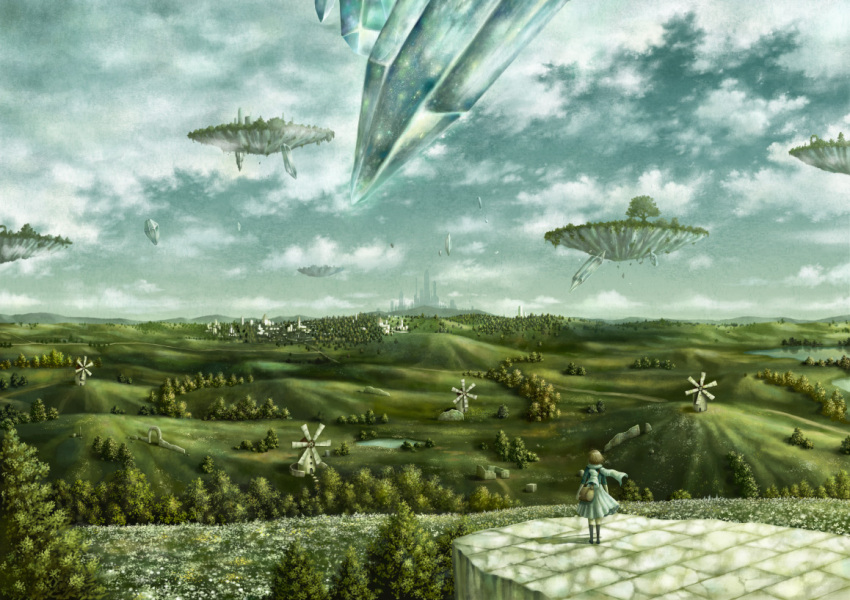 1girl cityscape clouds crystal floating_island kazami_(kuroro) scenery sky solo tree windmill