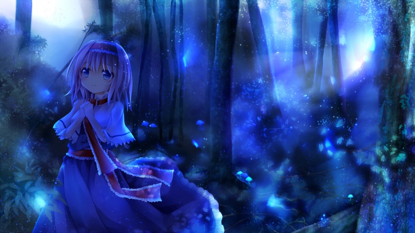 1girl alice_margatroid blonde_hair blue_eyes bow capelet dress forest furomaaju_(fromage) hair_bow hairband hands_clasped highres nature night petals ribbon sash short_hair solo touhou tree