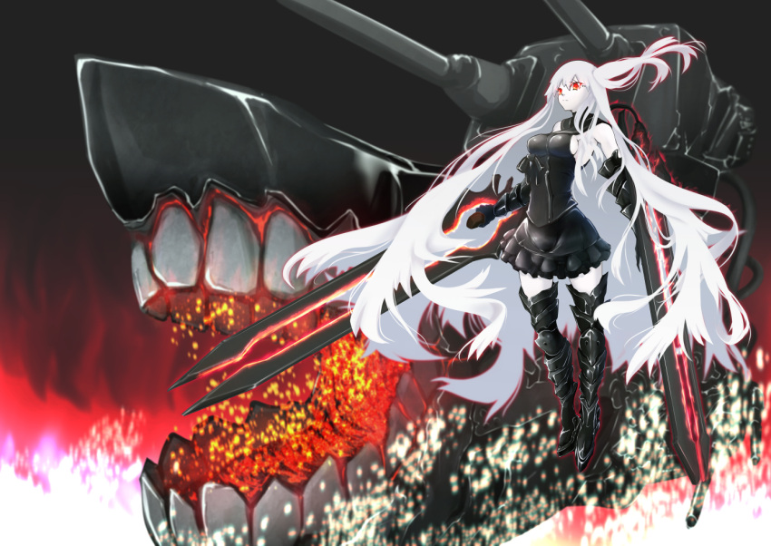 1girl aircraft_carrier_oni bare_shoulders big.g black_dress boots breasts dress frilled_skirt frills gauntlets kantai_collection long_hair machinery one_side_up pale_skin red_eyes shinkaisei-kan sideboob skirt solo thigh-highs thigh_boots very_long_hair white_hair zettai_ryouiki
