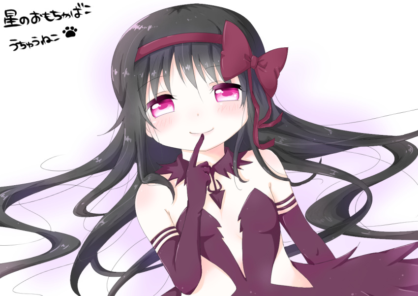 1girl akemi_homura akuma_homura bare_shoulders black_gloves black_hair bow cat_paw choker dress elbow_gloves finger_to_mouth gloves hair_bow long_hair looking_at_viewer mahou_shoujo_madoka_magica mahou_shoujo_madoka_magica_movie simple_background smile solo spoilers translation_request violet_eyes white_background
