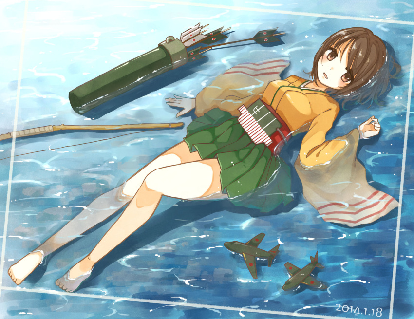 1girl afloat airplane arrow bare_legs barefoot bow_(weapon) brown_eyes brown_hair highres hiryuu_(kantai_collection) japanese_clothes kantai_collection kimono kimono_skirt looking_at_viewer lying parted_lips pleated_skirt skirt solo weapon wide_sleeves yon_(letter)