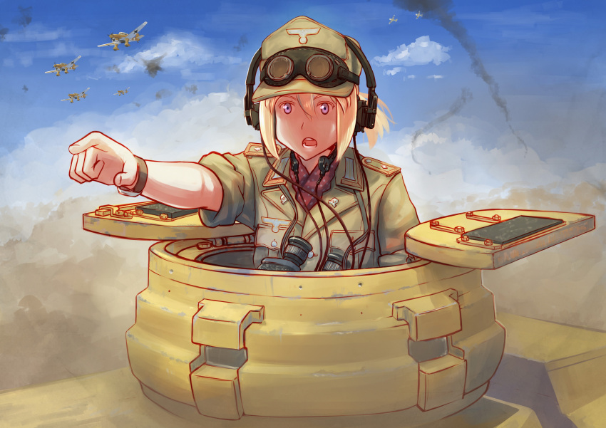 1girl absurdres afrika_korps airplane binoculars blonde_hair bomb clouds desert dust dust_cloud erica_(naze1940) goggles goggles_on_head hat headset highres junkers_ju_87 military military_uniform military_vehicle open_mouth original pink_eyes pointing ponytail short_hair short_ponytail sky smoke soldier solo tank throat_microphone uniform vehicle war watch watch world_war_ii