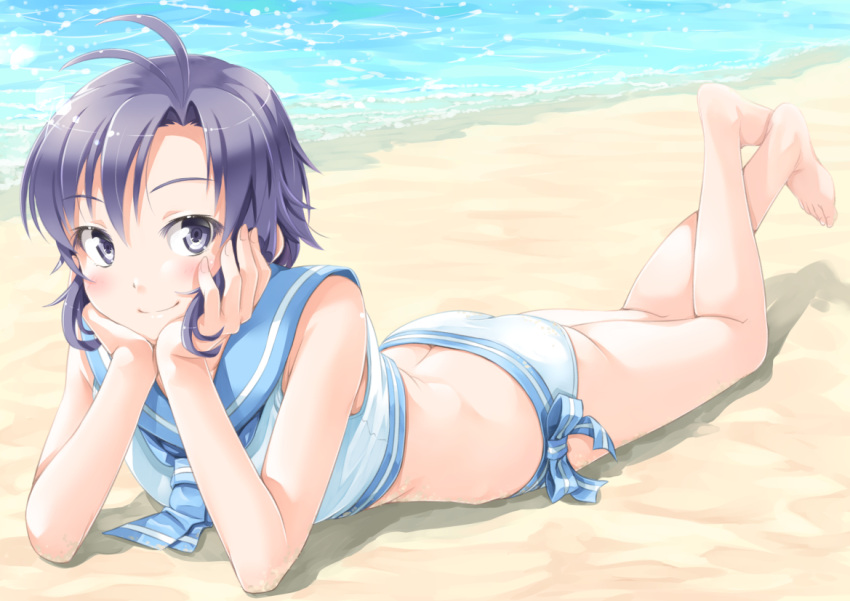 1girl ahoge arm_support beach black_eyes black_hair headrest idolmaster idolmaster_2 kikuchi_makoto looking_at_viewer lying miri_(ago550421) on_stomach sailor_swimsuit_(idolmaster) short_hair smile solo swimsuit tagme