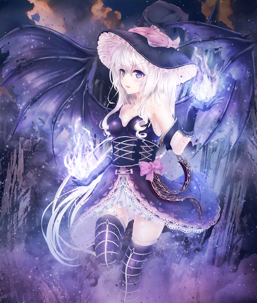 1girl alc_(ex2_lv) bat_wings black_gloves gloves hat highres open_mouth original panties pantyshot pantyshot_(standing) pixiv_fantasia pixiv_fantasia_fallen_kings solo standing standing_on_one_leg tagme underwear violet_eyes white_hair wings witch_hat