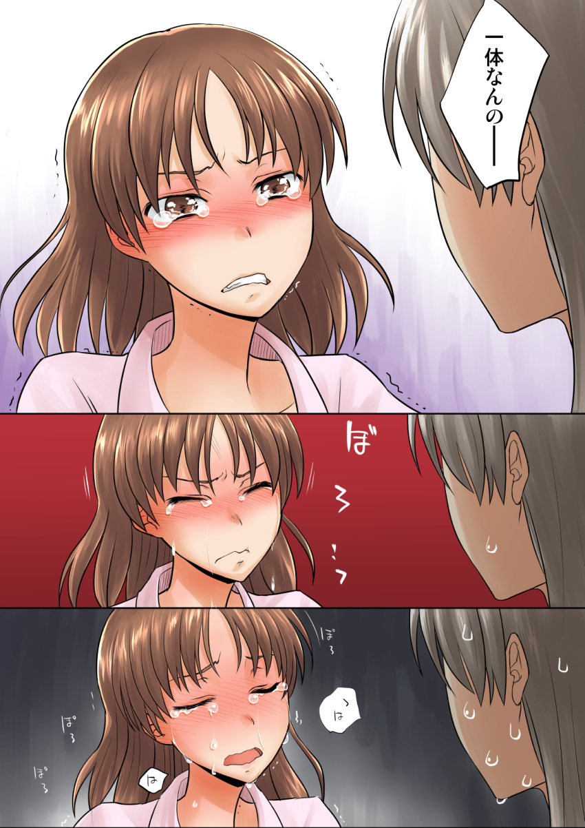 2girls blush brown_eyes brown_hair chitose_(kantai_collection) chiyoda_(kantai_collection) clenched_teeth comic crying crying_with_eyes_open faker_ktd grey_hair hair_down highres kantai_collection long_hair multiple_girls pajamas short_hair sweat tears translation_request wavy_mouth