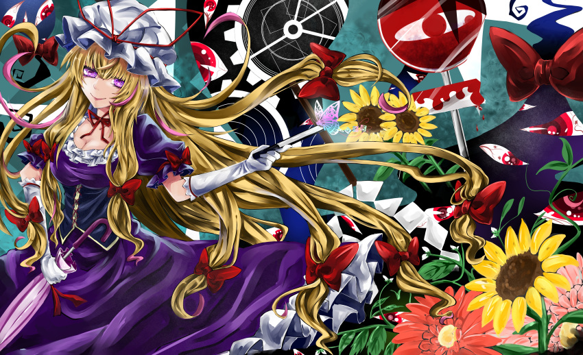 abstract_background absurdres blade blonde_hair blood bow breasts butterfly choker cleavage corset dress elbow_gloves fan flower flower_request folding_fan frilled_dress frills gap gears gloves gohei hair_bow highres holding holding_umbrella ichinose_rom large_breasts lips long_hair mob_cap multicolored_hair nose puffy_sleeves purple_dress purple_hair red_eyes ribbon ribbon_choker sign sparkling_eyes streaked_hair tagme touhou umbrella very_long_hair violet_eyes yakumo_yukari