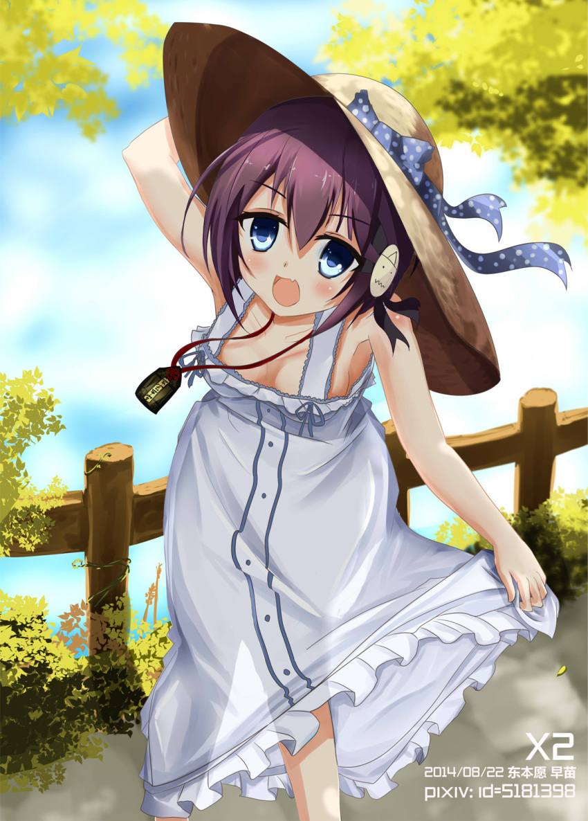 1girl :d blue_eyes blurry breasts cleavage depth_of_field dress dress_lift hair_ornament hat higashihongan_sanae highres leaning_forward looking_at_viewer open_mouth purple_hair rokujouma_no_shinryakusha!? short_hair smile solo straw_hat tagme white_dress x2