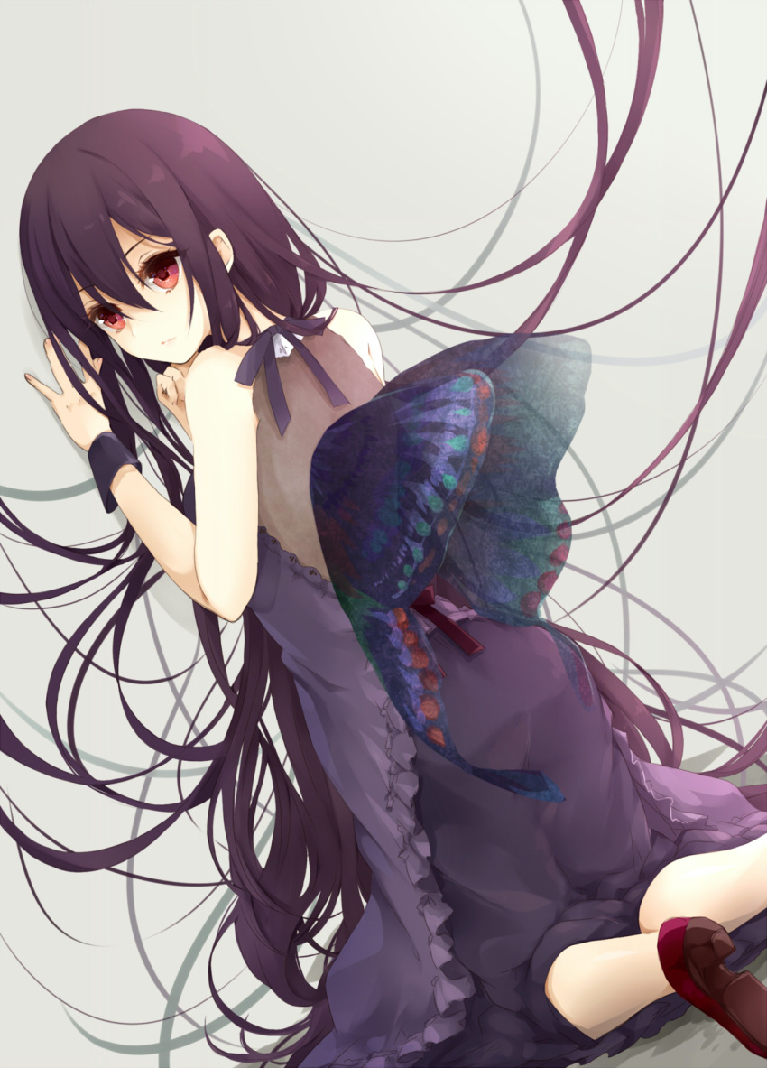1girl absurdly_long_hair bare_arms bare_shoulders butterfly_wings dress high_heels highres kneeling long_hair open_mouth original puracotte purple_dress purple_hair red_eyes red_shoes shoes solo very_long_hair wings wrist_cuffs